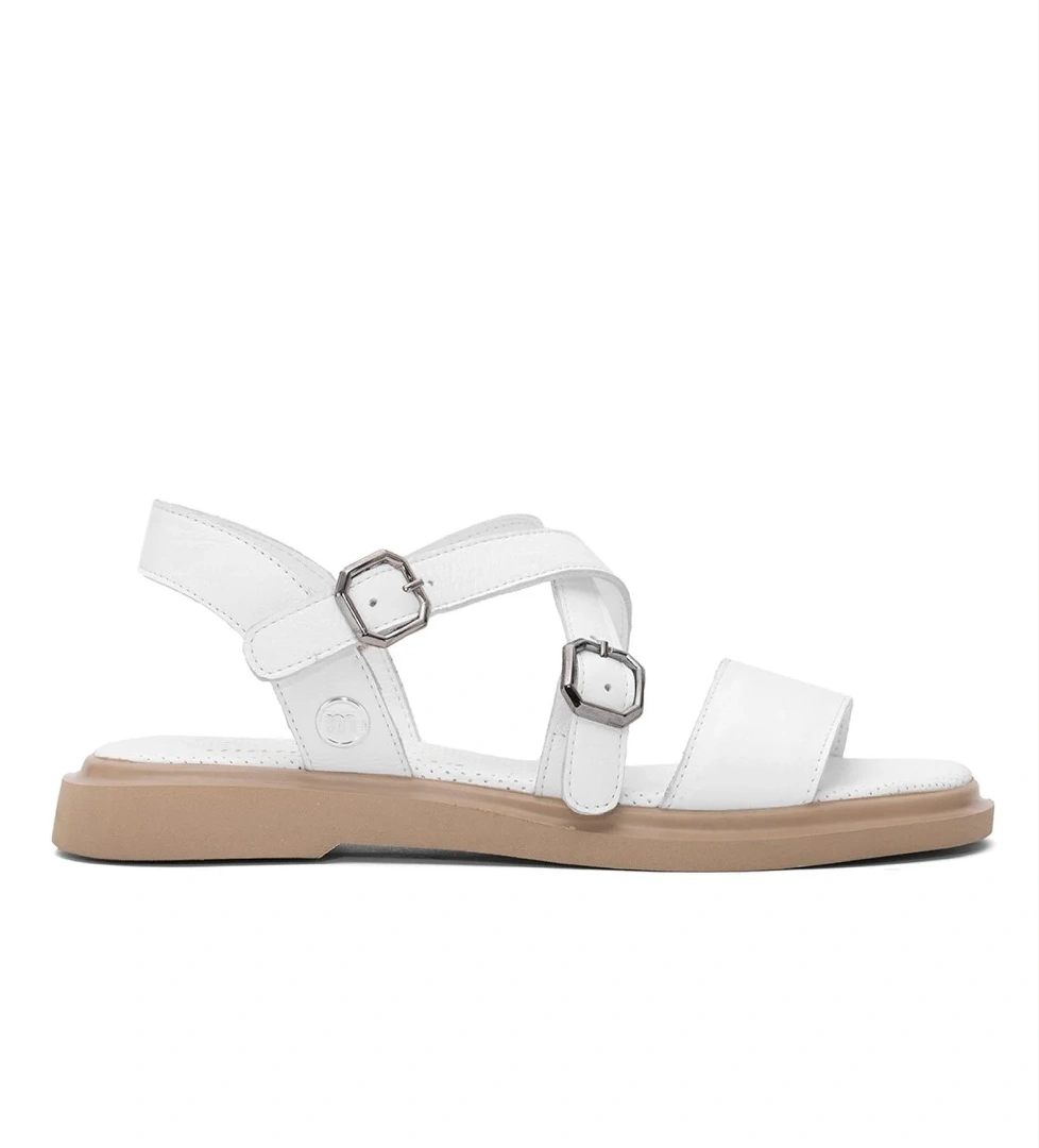 D25YS-5010 Kadın Hakiki Deri Düz Sandalet Beyaz