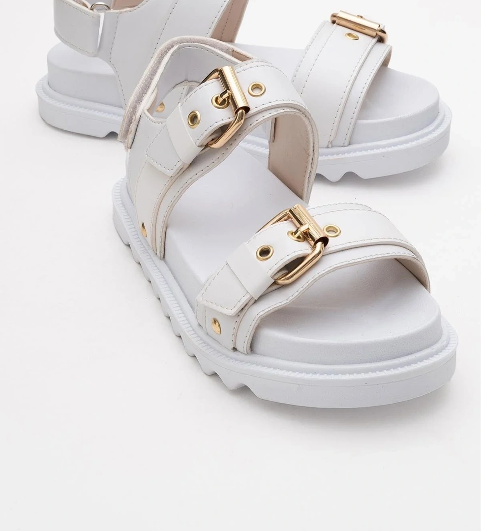 Kadın Çift Tokalı Cırtlı Sandalet BEYAZ