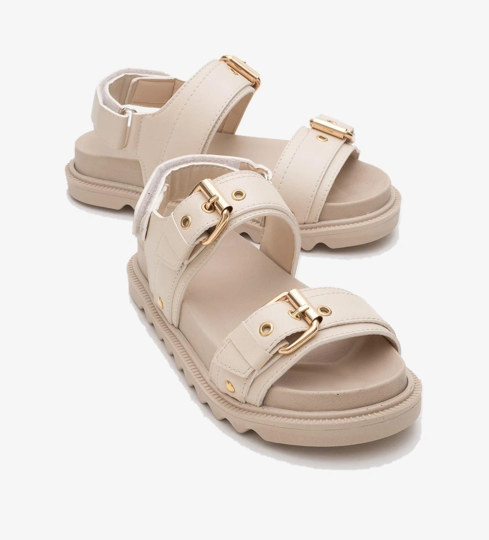 Kadın Çift Tokalı Cırtlı Sandalet BEJ - Görsel 1