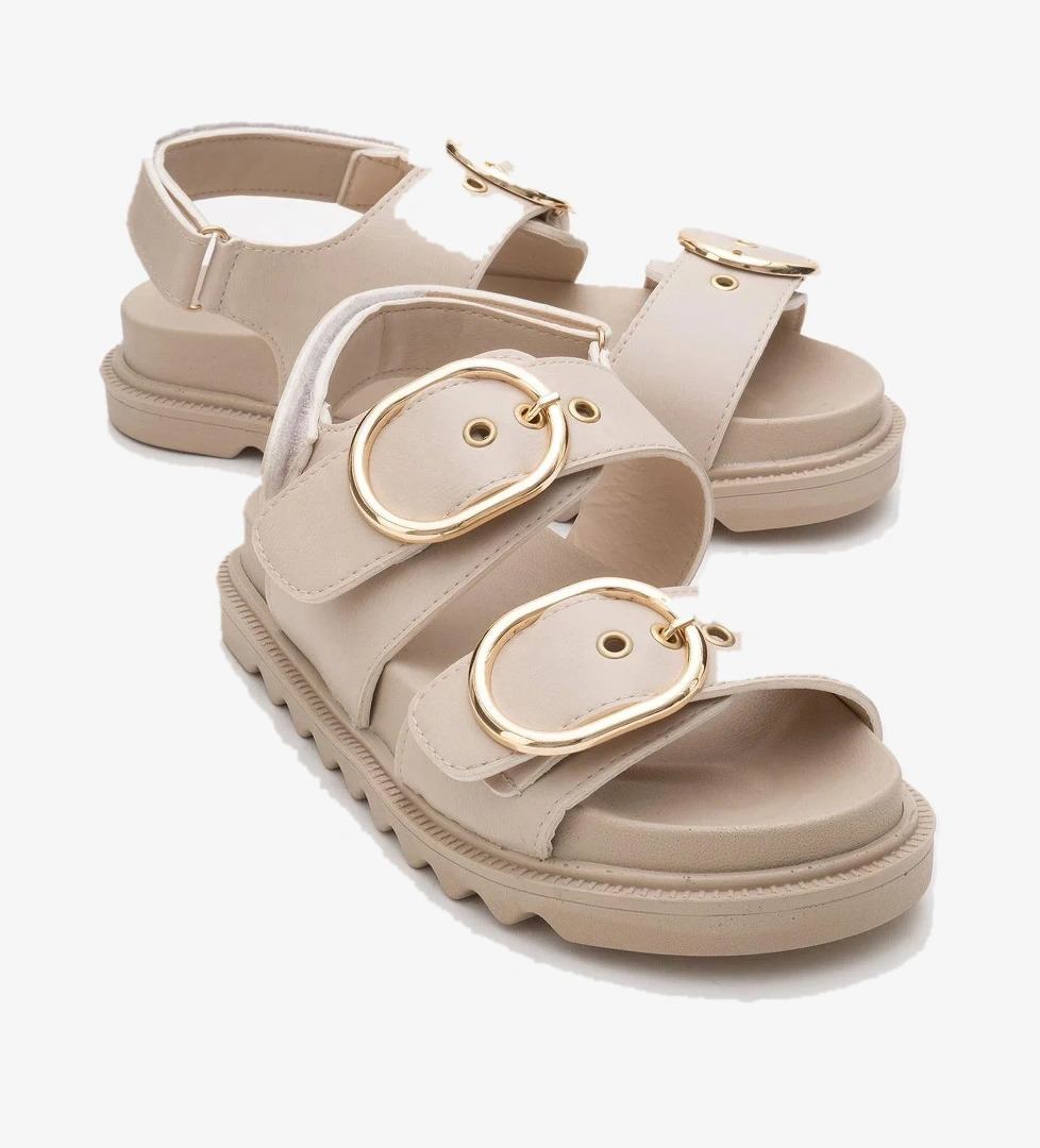 Kadın Çift Tokalı Cırtlı Sandalet BEJ