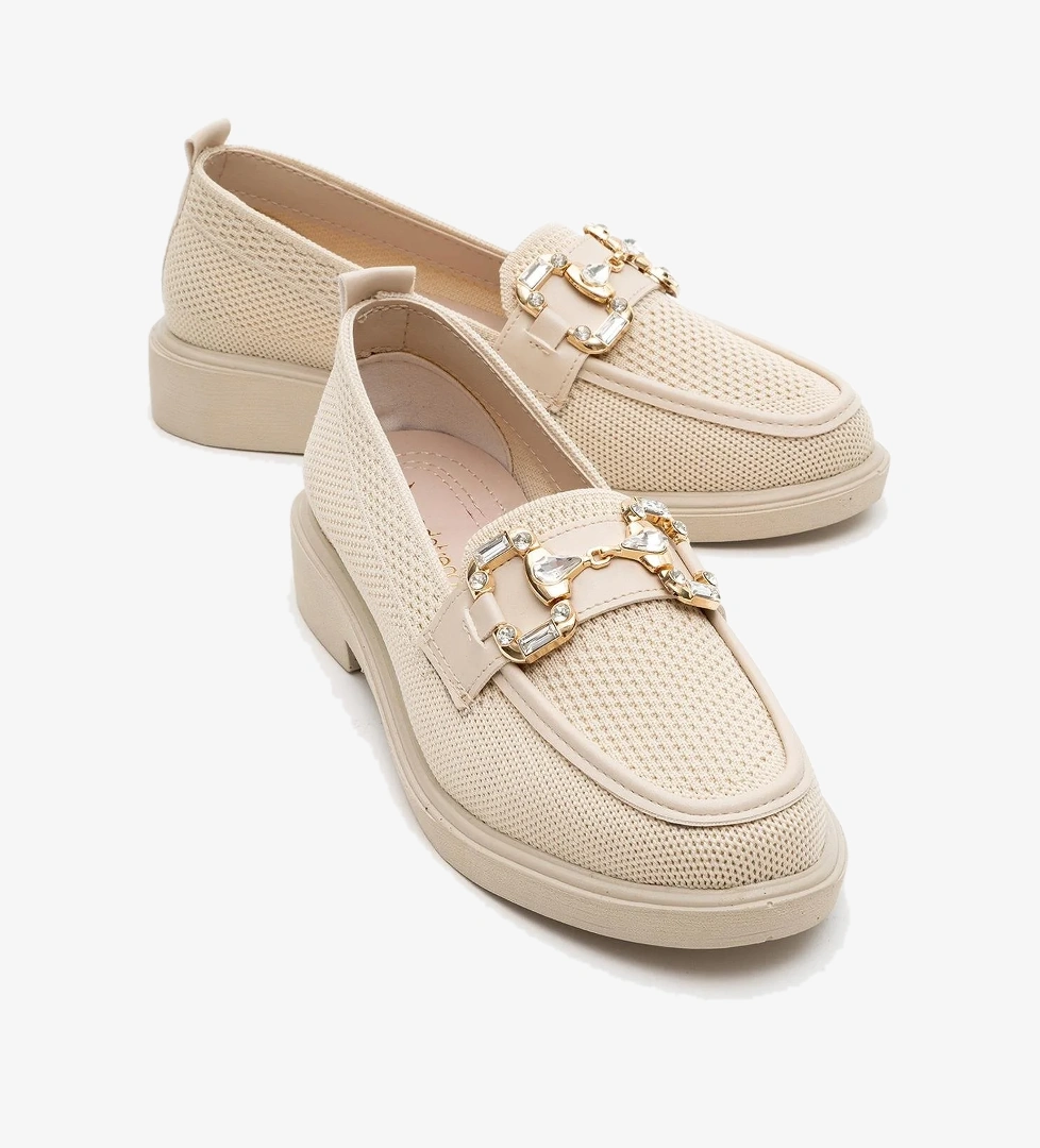 Kadın Tokalı Triko Loafer Ayakkabı BEJ - Görsel 1