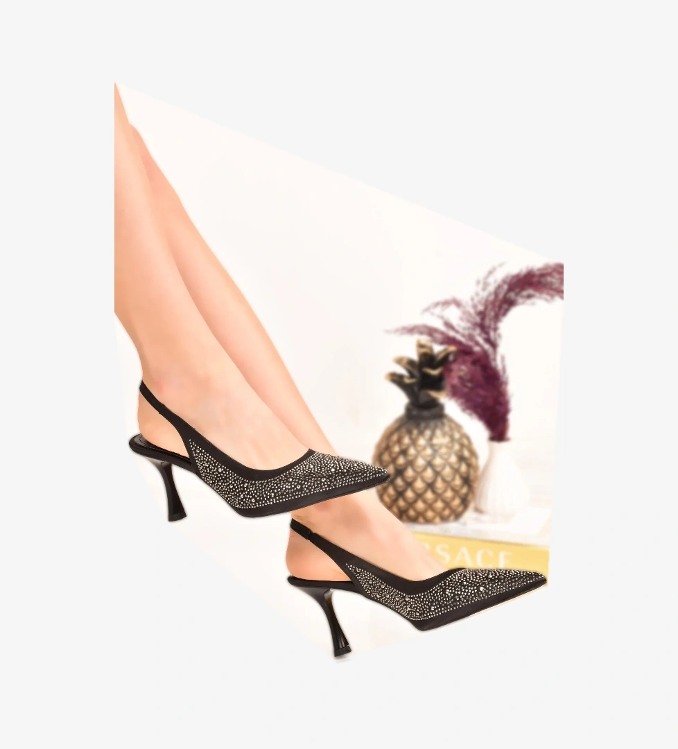 Kadın Saten Nokta Taşlı Siyah Abiye Arkası Açık Ayakkabı