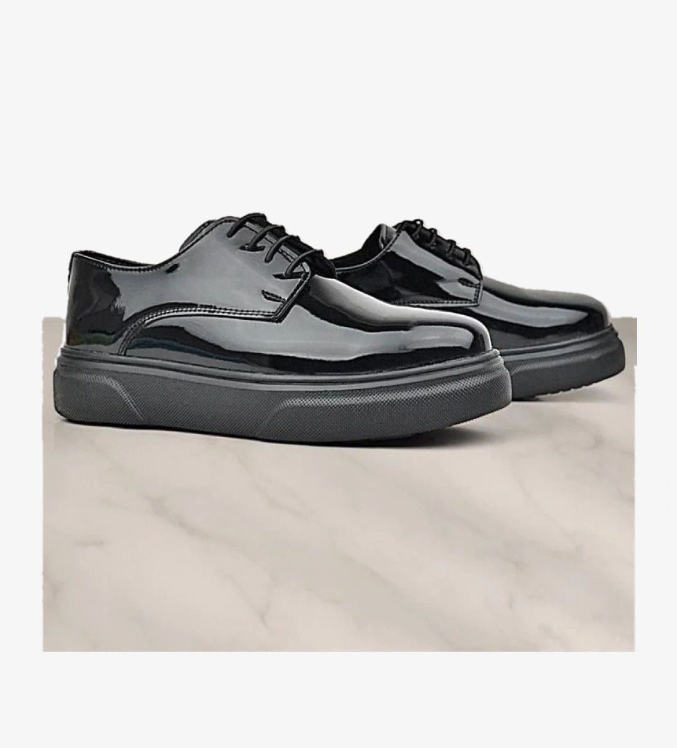 Derby Hakiki Deri Siyah Rugan Siyah Taban Çocuk Klasik Ayakkabı - Görsel 1