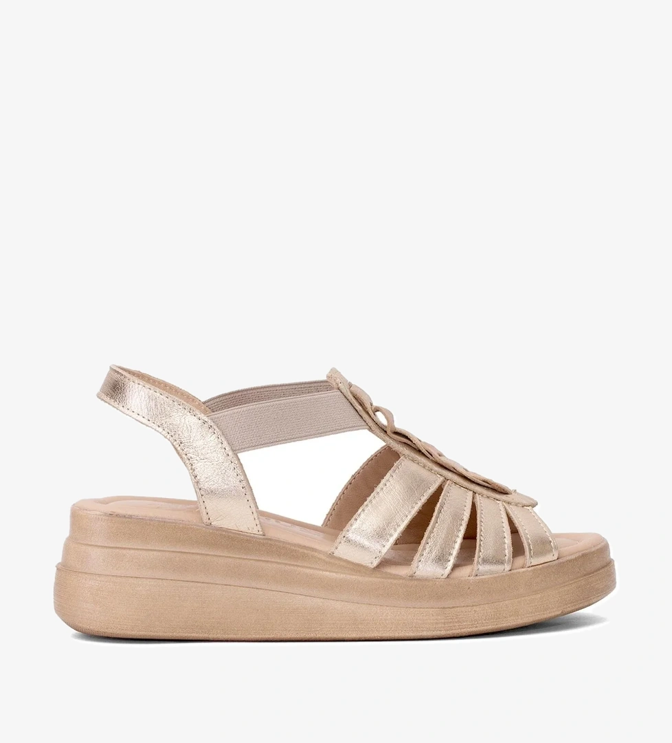 2409912Y Kadın Hakiki Deri Dolgu Topuk Sandalet Altın - Görsel 1