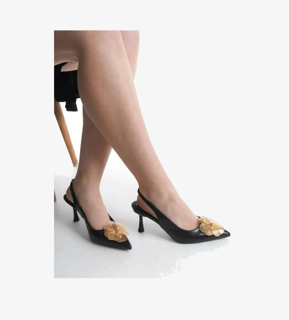 Sarı Gül Detaylı Arkası Açık Stiletto Kadın Topuklu Ayakkabı