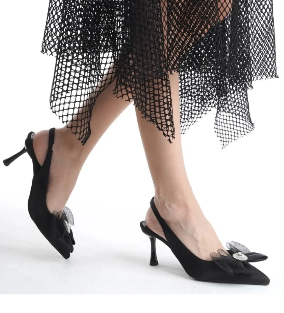 Saten Fiyonk Taş Detaylı Arkası Açık Stiletto Kadın Topuklu Ayakkabı - Görsel 1