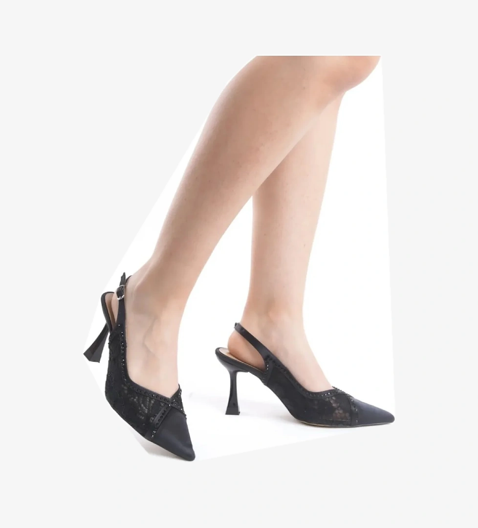 Saten Dantel Taş Detaylı Arkası Açık Stiletto Kadın Topuklu Ayakkabı