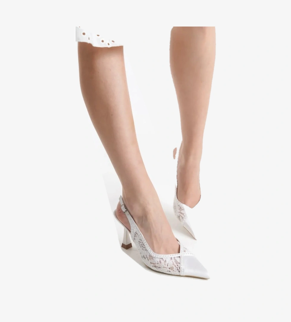 Saten Dantel Taş Detaylı Arkası Açık Stiletto Kadın Topuklu Ayakkabı