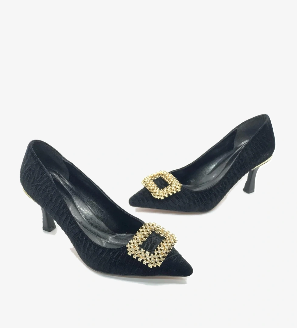 Feles Kadife Taş Toka Detaylı Stiletto Kadın Topuklu Ayakkabı model görseli