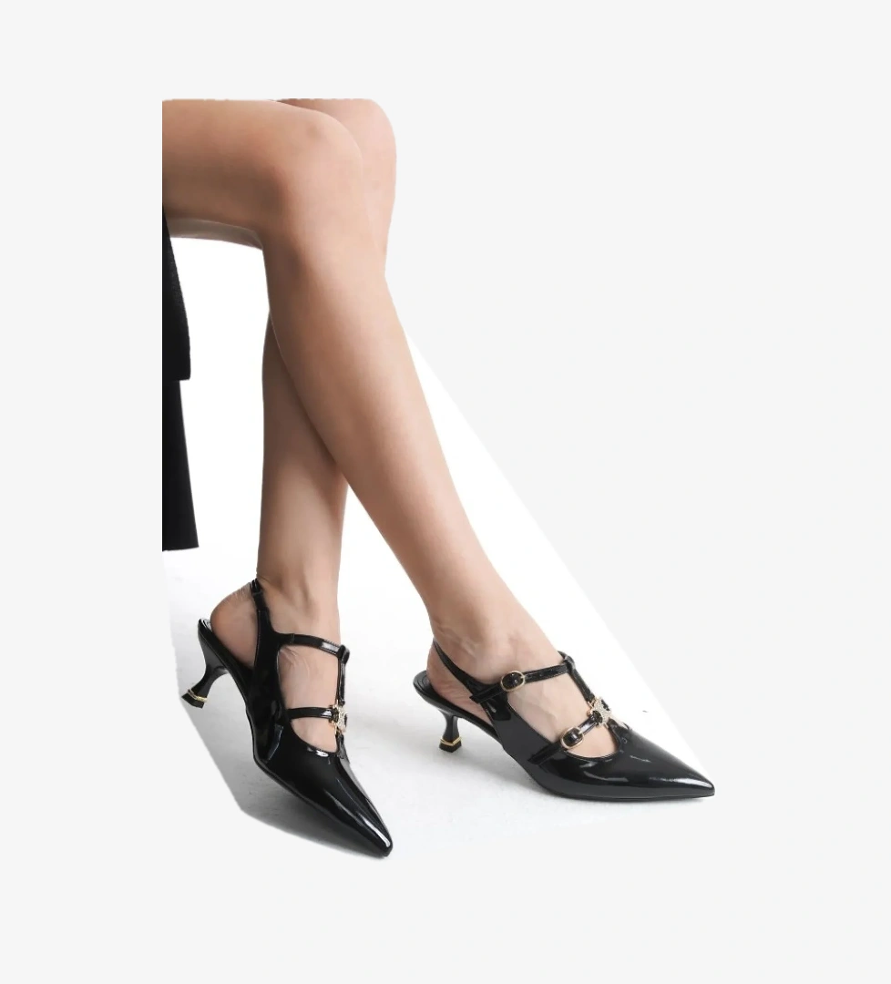 Şeker Topuklu Çift Toka Detaylı Arkası Açık Stiletto Kadın Kısa Topuklu Ayakkabı