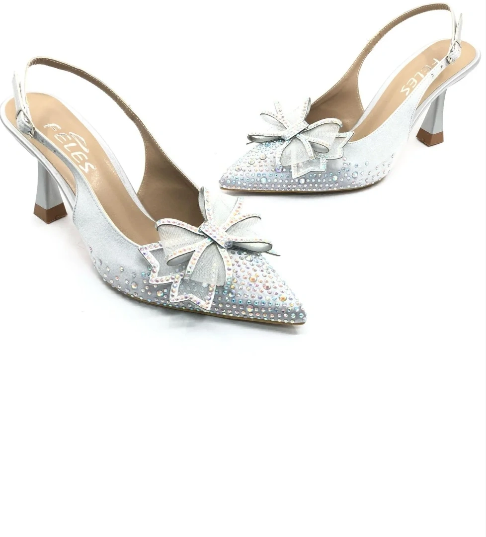 Saten Kurdela Taş Detaylı Arkası Açık Stiletto Kadın Topuklu Ayakkabı - Görsel 1