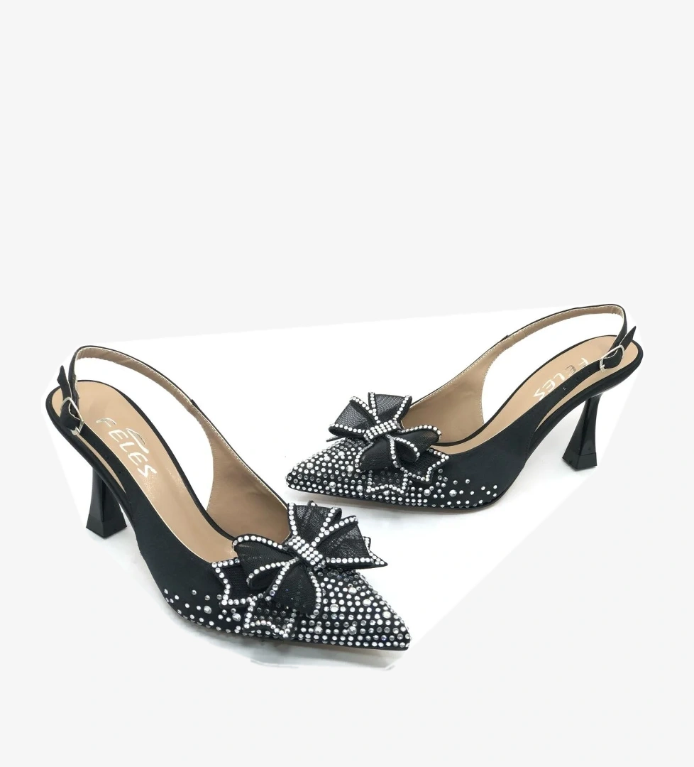 Saten Kurdela Taş Detaylı Arkası Açık Stiletto Kadın Topuklu Ayakkabı