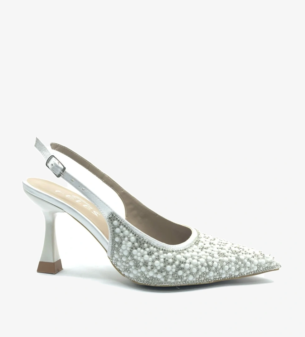 Feles Gelinlik Ayakkabısı Taş Detaylı Arkası Açık Stiletto Kadın Topuklu Ayakkabı model görseli