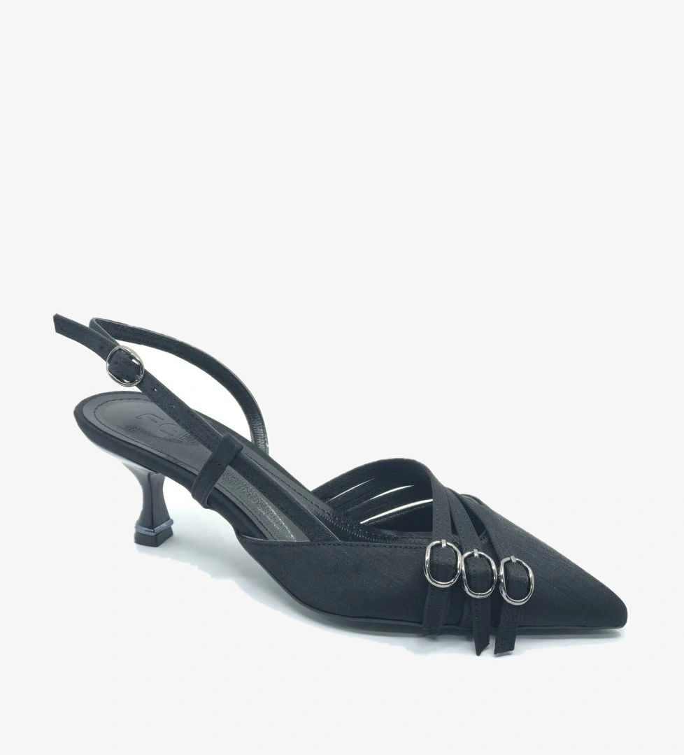 Feles Şeker Topuklu Üç Toka Detaylı Arkası Açık Stiletto Kadın Kısa Ayakkabı model görseli