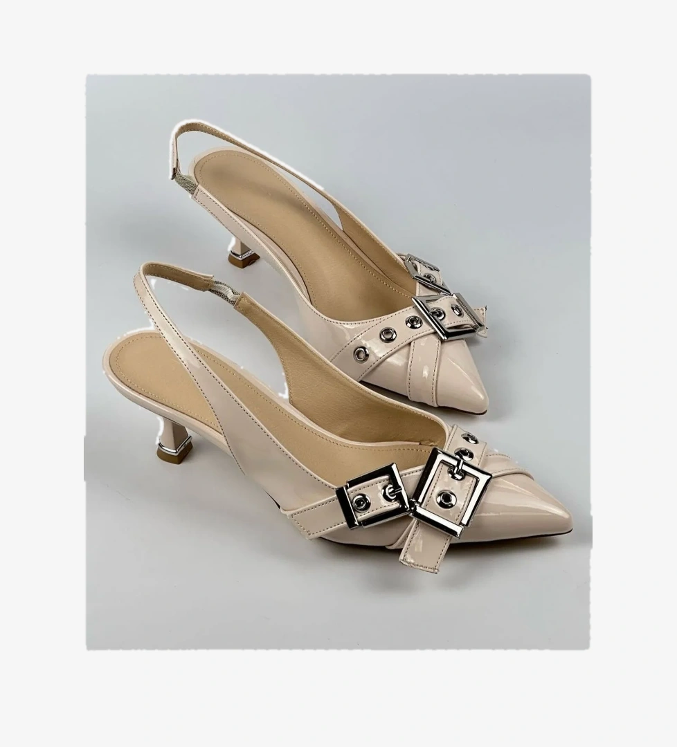 Feles Şeker Topuklu Çift Toka Detaylı Arkası Açık Stiletto Kadın Kısa Ayakkabı model görseli