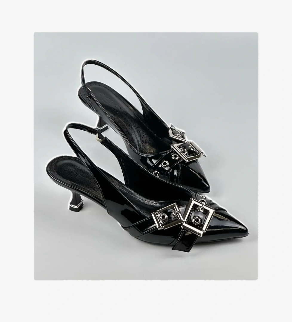 Şeker Topuklu Çift Toka Detaylı Arkası Açık Stiletto Kadın Kısa Topuklu Ayakkabı