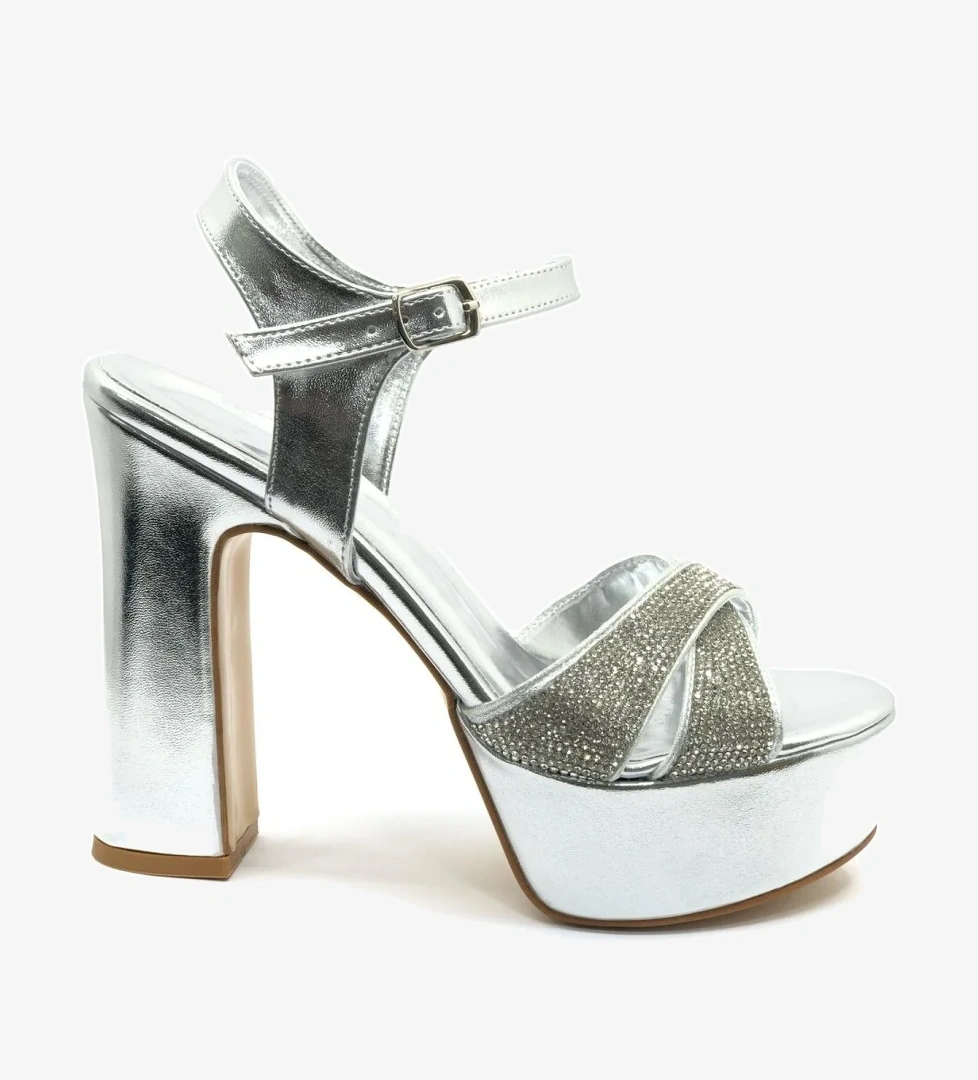 13 cm Yüksek Platform Çapraz Bant Topuklu Taşlı Kadın Abiye Ayakkabı