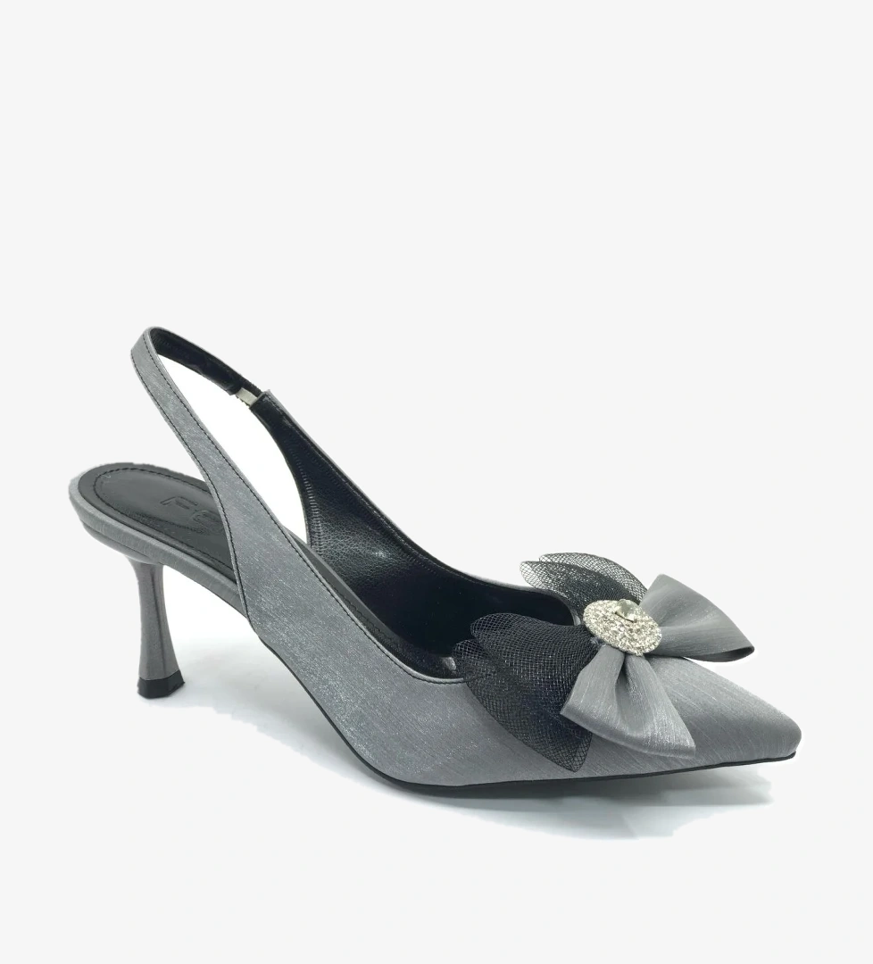 Saten Fiyonk Taş Detaylı Arkası Açık Stiletto Kadın Topuklu Ayakkabı