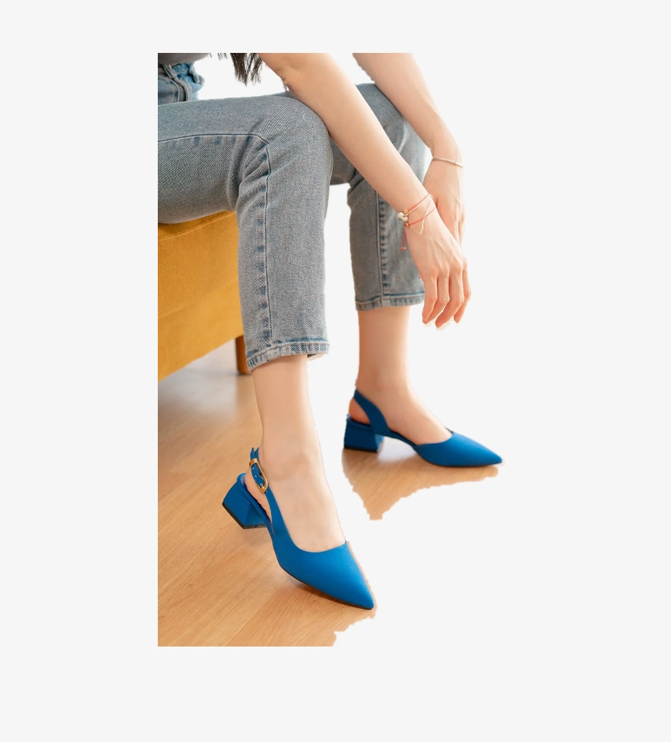 Aura Saks Mat Saten Yanı Tokalı (4 cm Topuk Boyu ) Sivri Burun Topuklu Babet Ayakkabı - Görsel 1