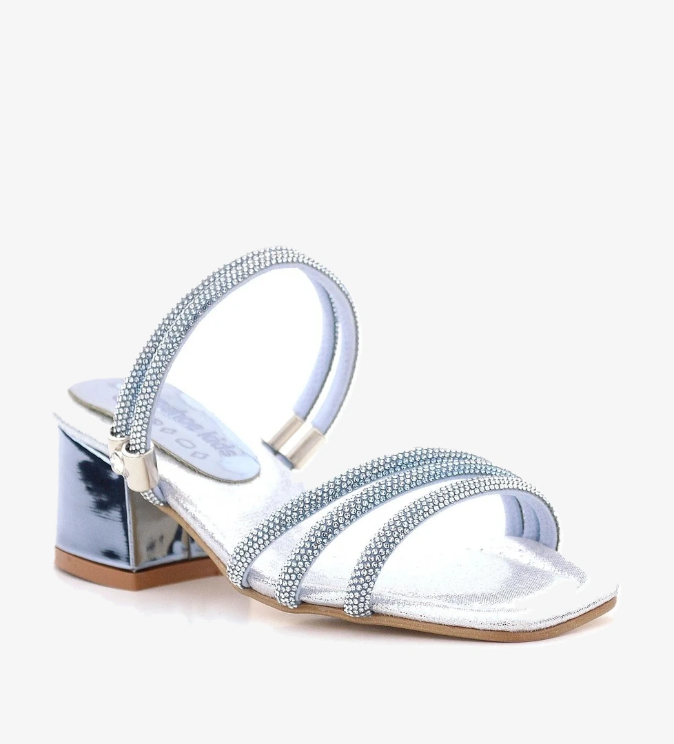 Judy Mavi Gümüş Taşlı Kız Çocuk Topuklu Terlik Ayakkabı - Görsel 1