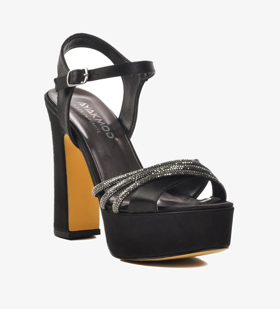 655413 Z Siyah Saten Platform Topuk Kadın Topuklu Ayakkabı