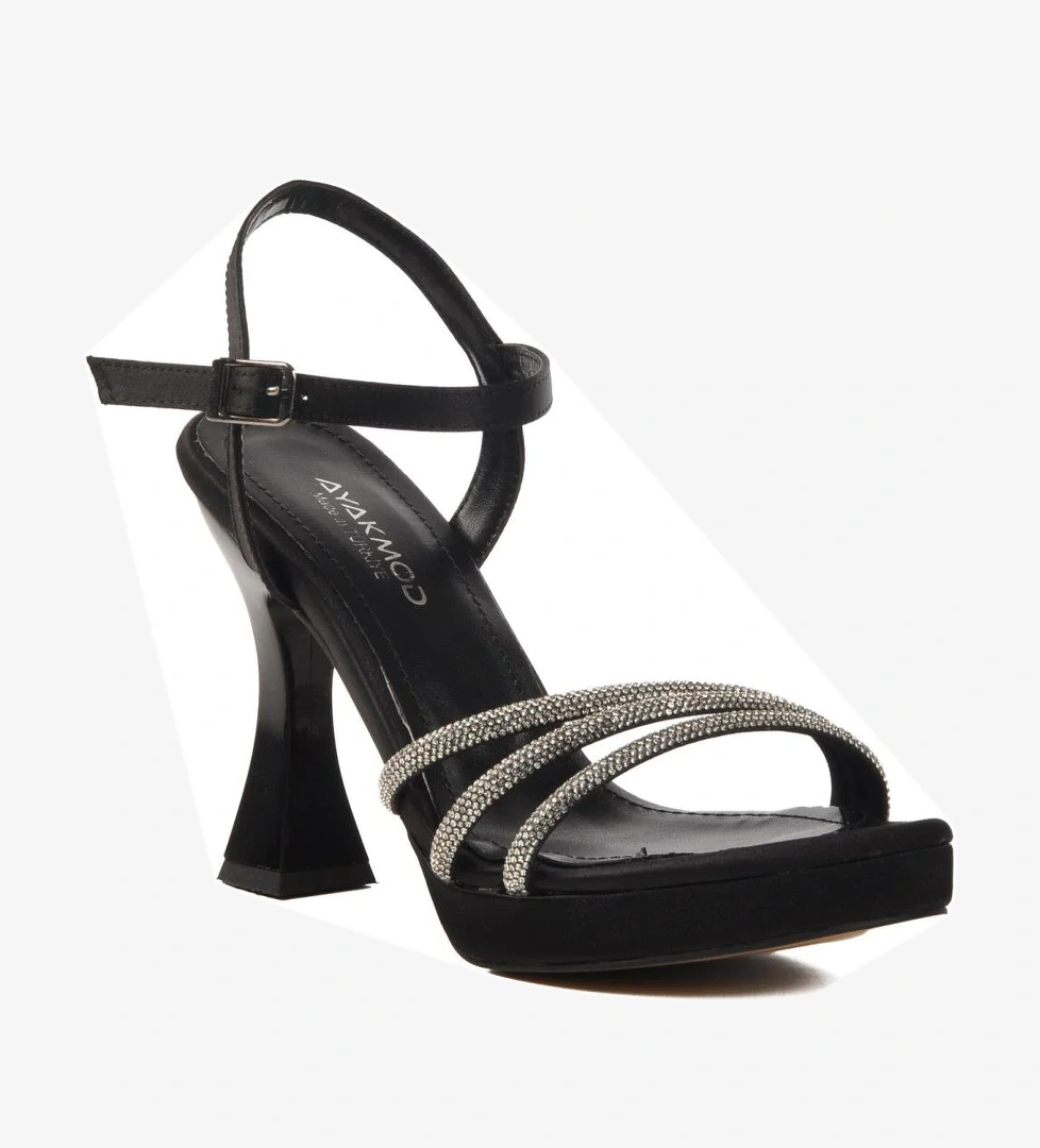 448186 Z Siyah Saten Taşlı Kadın Topuklu Ayakkabı Düğün Nişan Ayakkabısı - Görsel 1