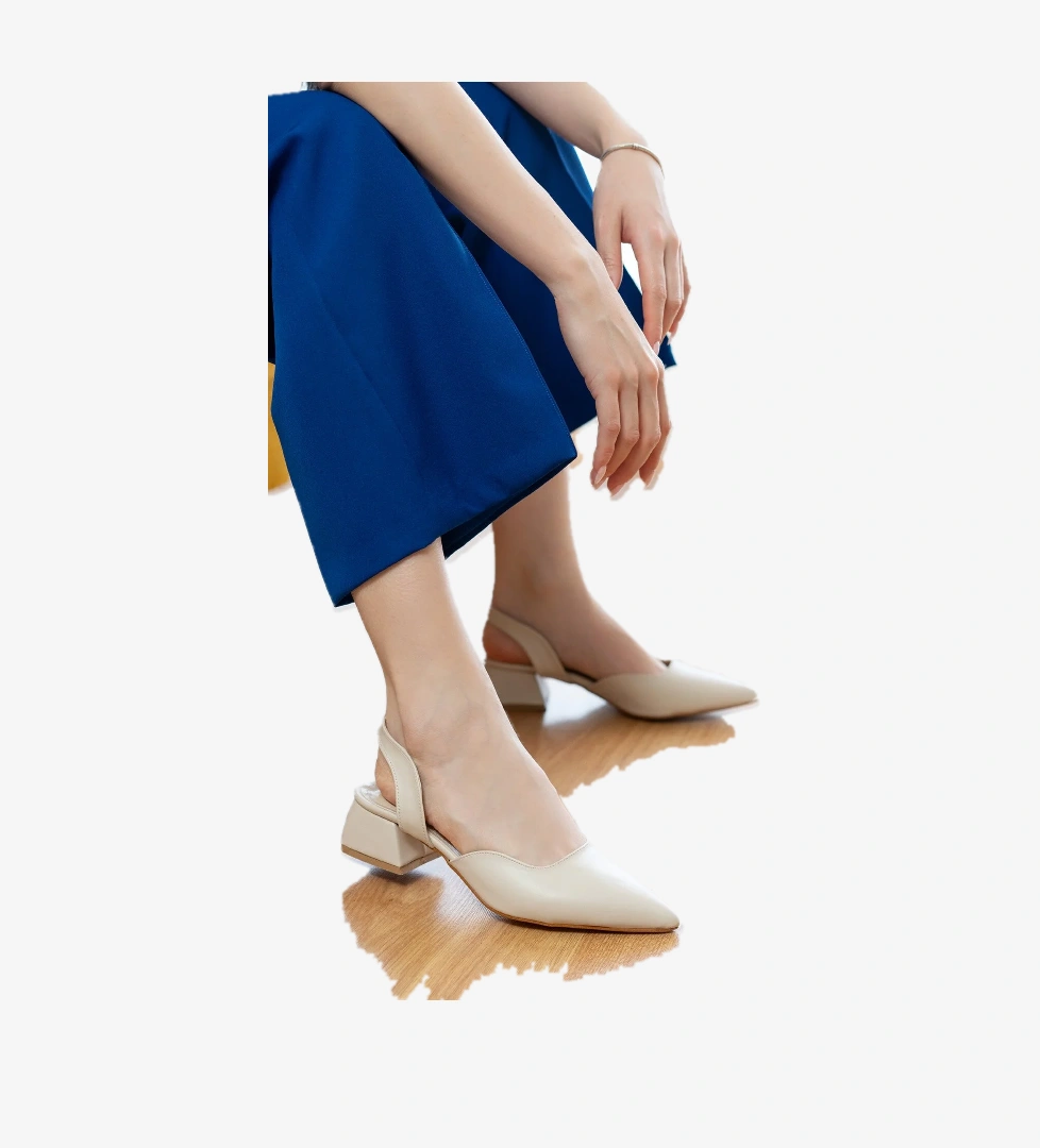 Button Bej ( 4 cm Topuklu ) Sivri Burun Topuklu Ayakkabı - Görsel 1