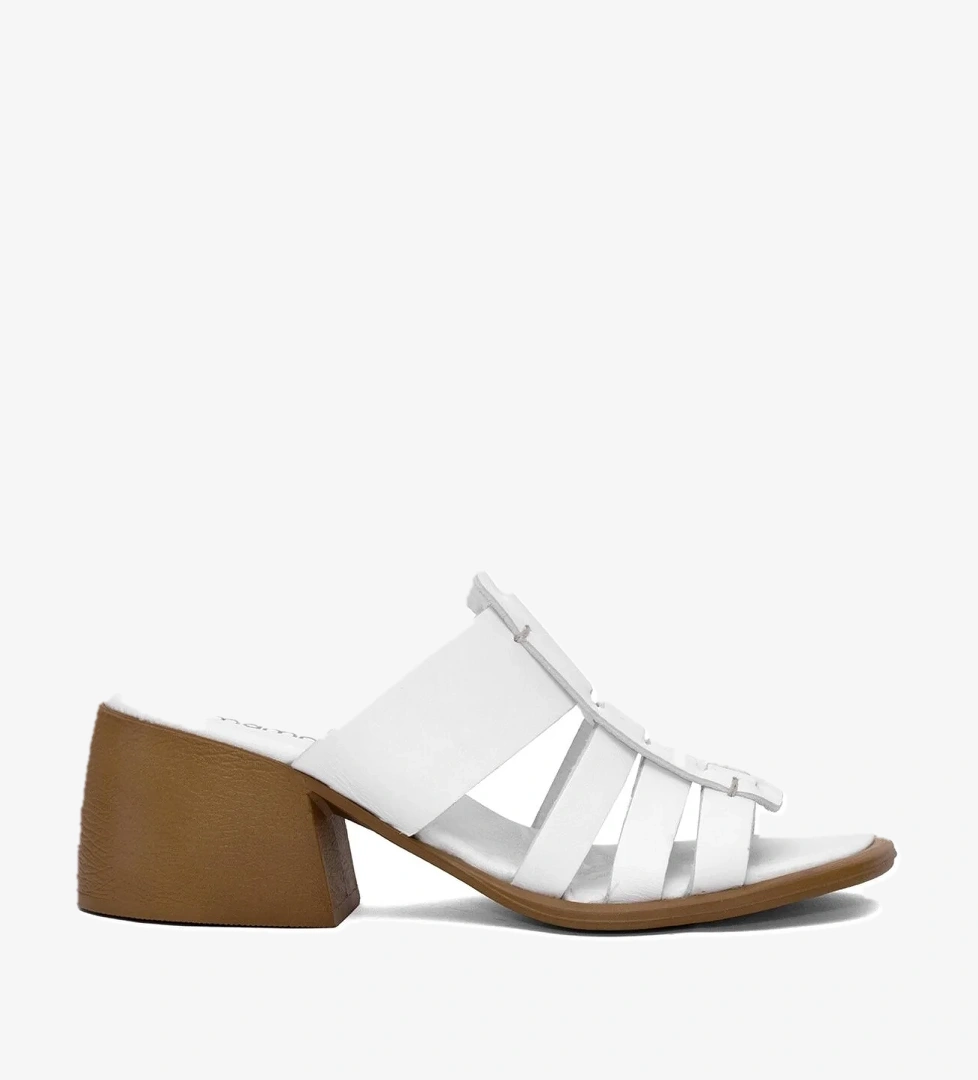 D25YT-1540 Kadın Hakiki Deri Topuklu Terlik Beyaz - Görsel 1