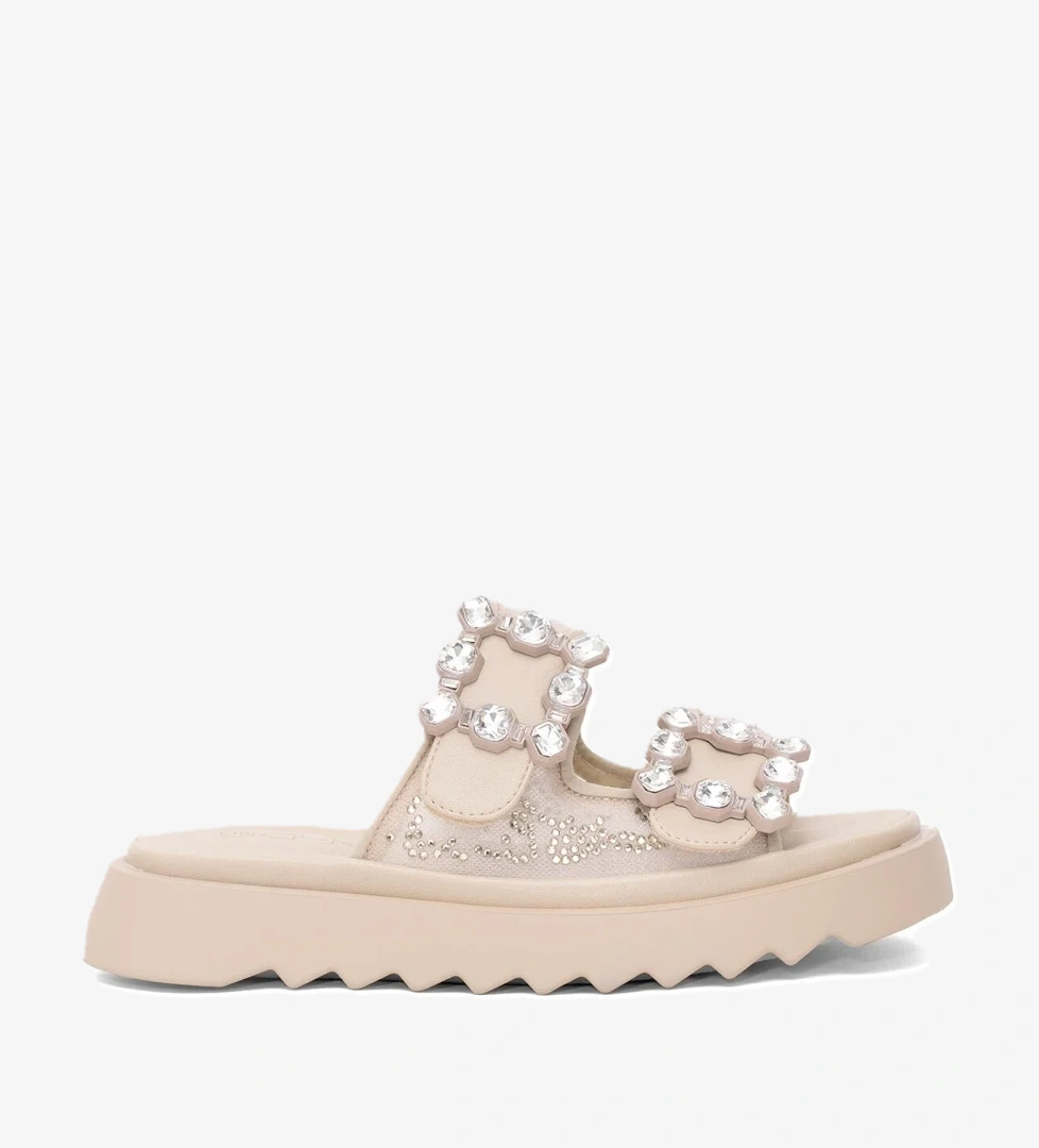 25Y342 Kadın Taşlı Düz Terlik Bej - Görsel 1