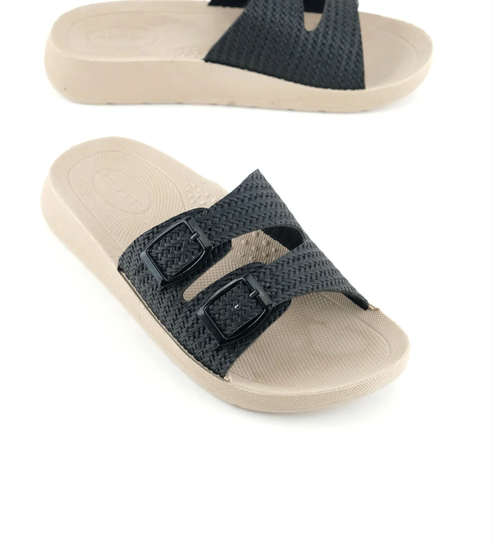 Gezer Gezer Siyah Kadın Yazlık PU Rahat Taban Suni Deri İki Toka Ayarlanabilir Günlük Terlik Sandalet & Terlik | Flo Siyah - 1. görsel