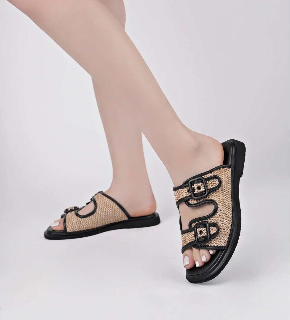 SARLE Çift Bantlı Ayarlanabilir Kemerli Kadın Günlük Hasır Terlik