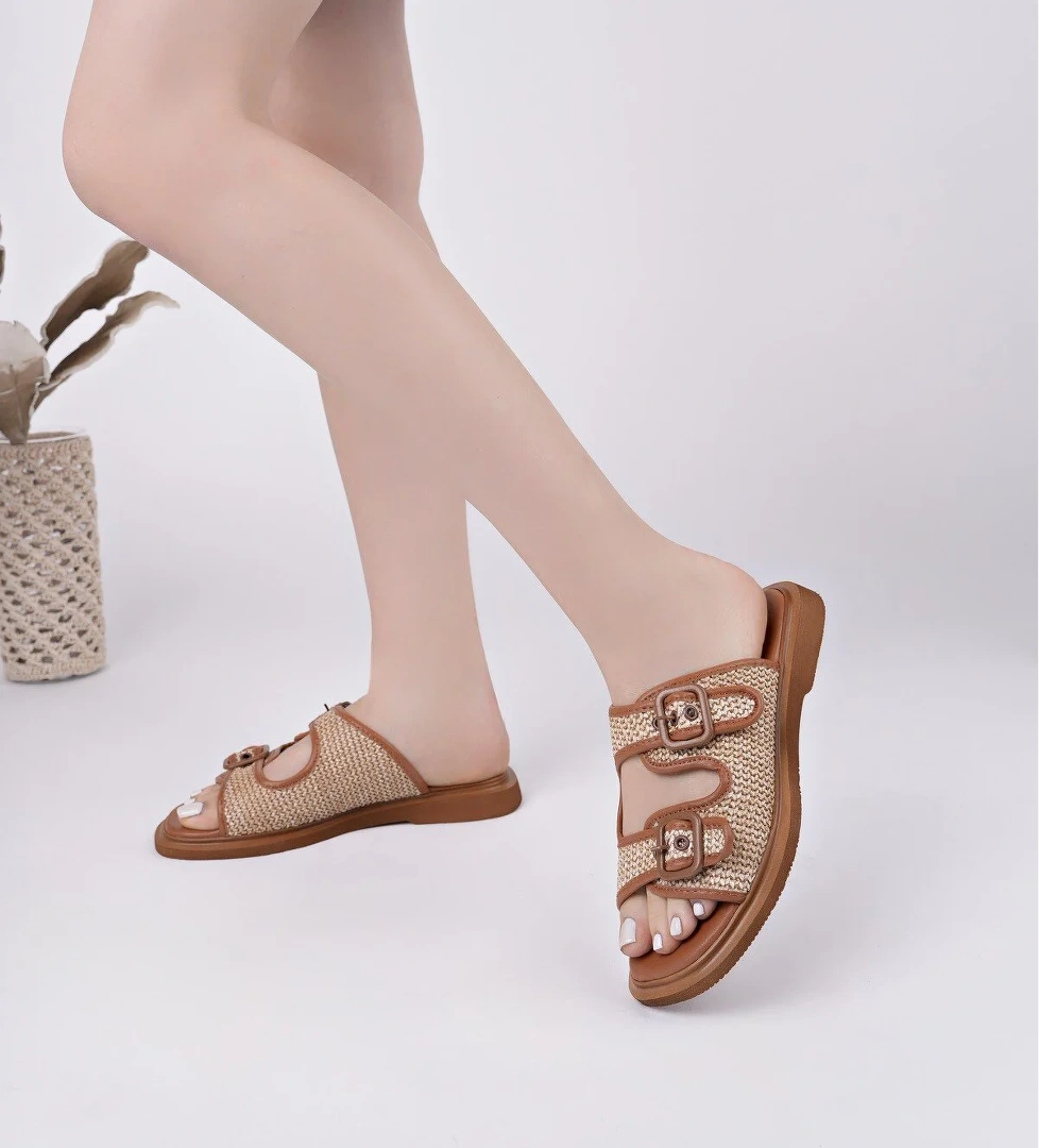 SARLE Çift Bantlı Ayarlanabilir Kemerli Kadın Günlük Hasır Terlik