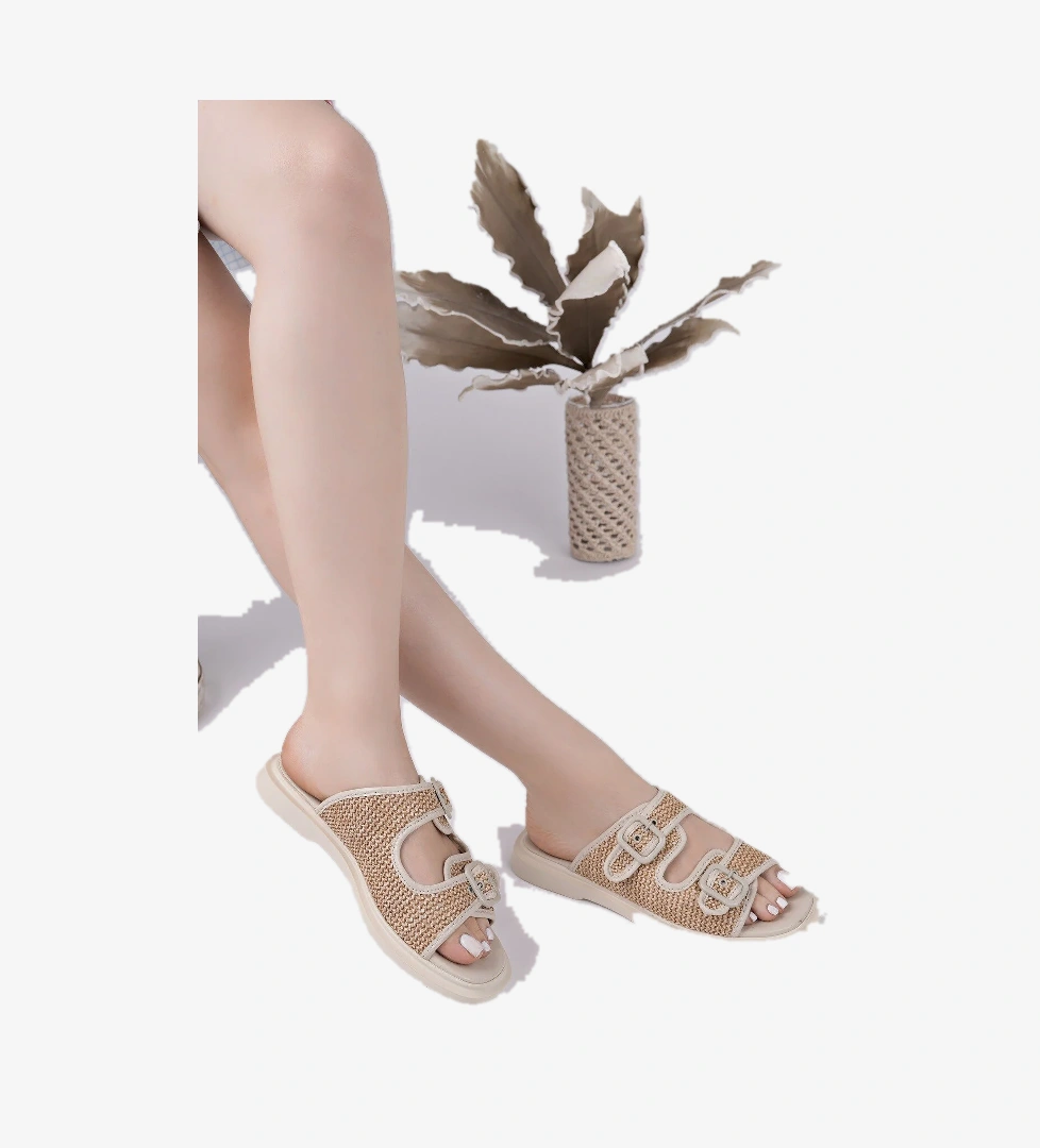 SARLE Çift Bantlı Ayarlanabilir Kemerli Kadın Günlük Hasır Terlik