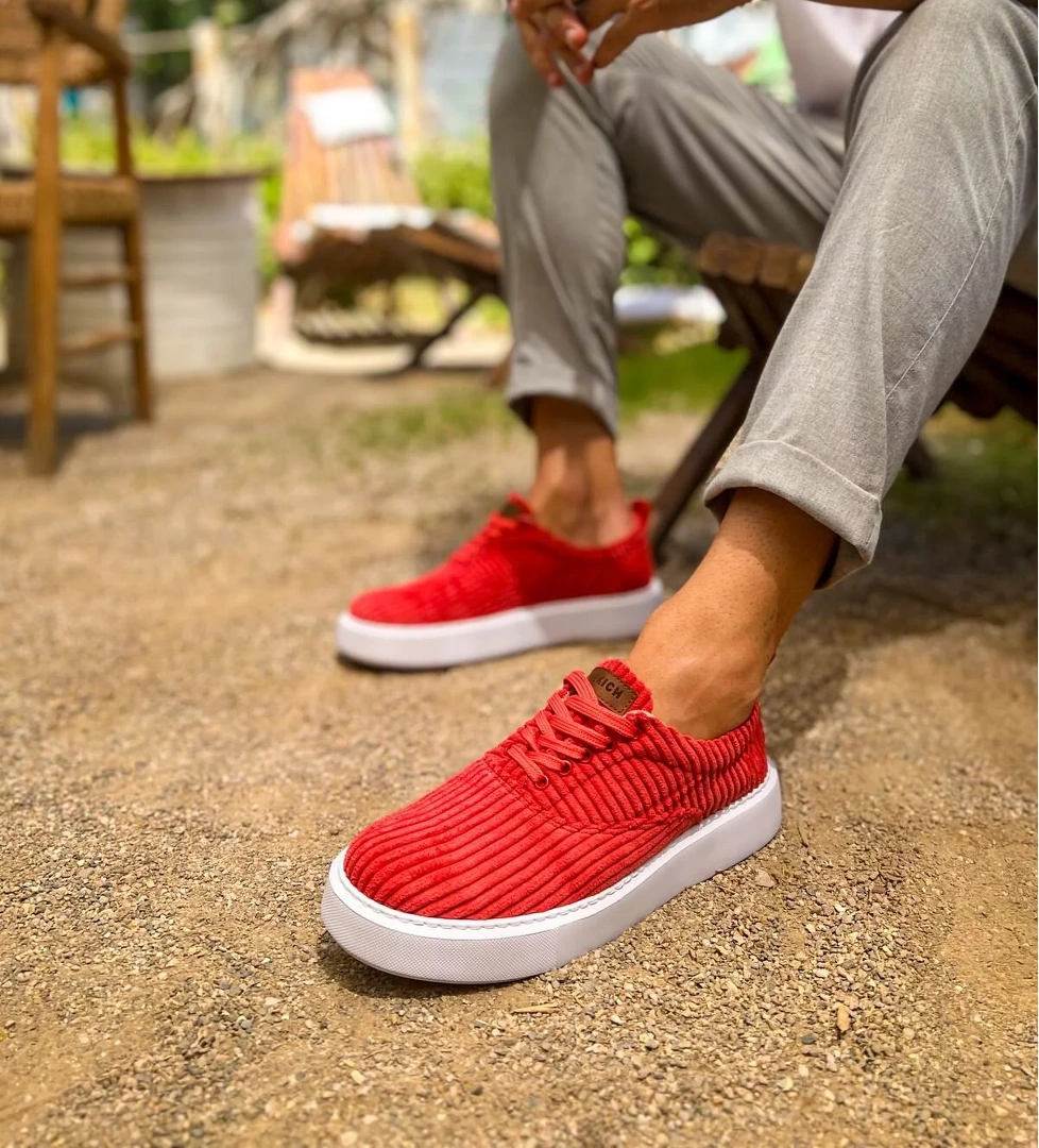 Bağcıklı Kadife Kumaş Erkek Günlük Ayakkabı Kırmızı