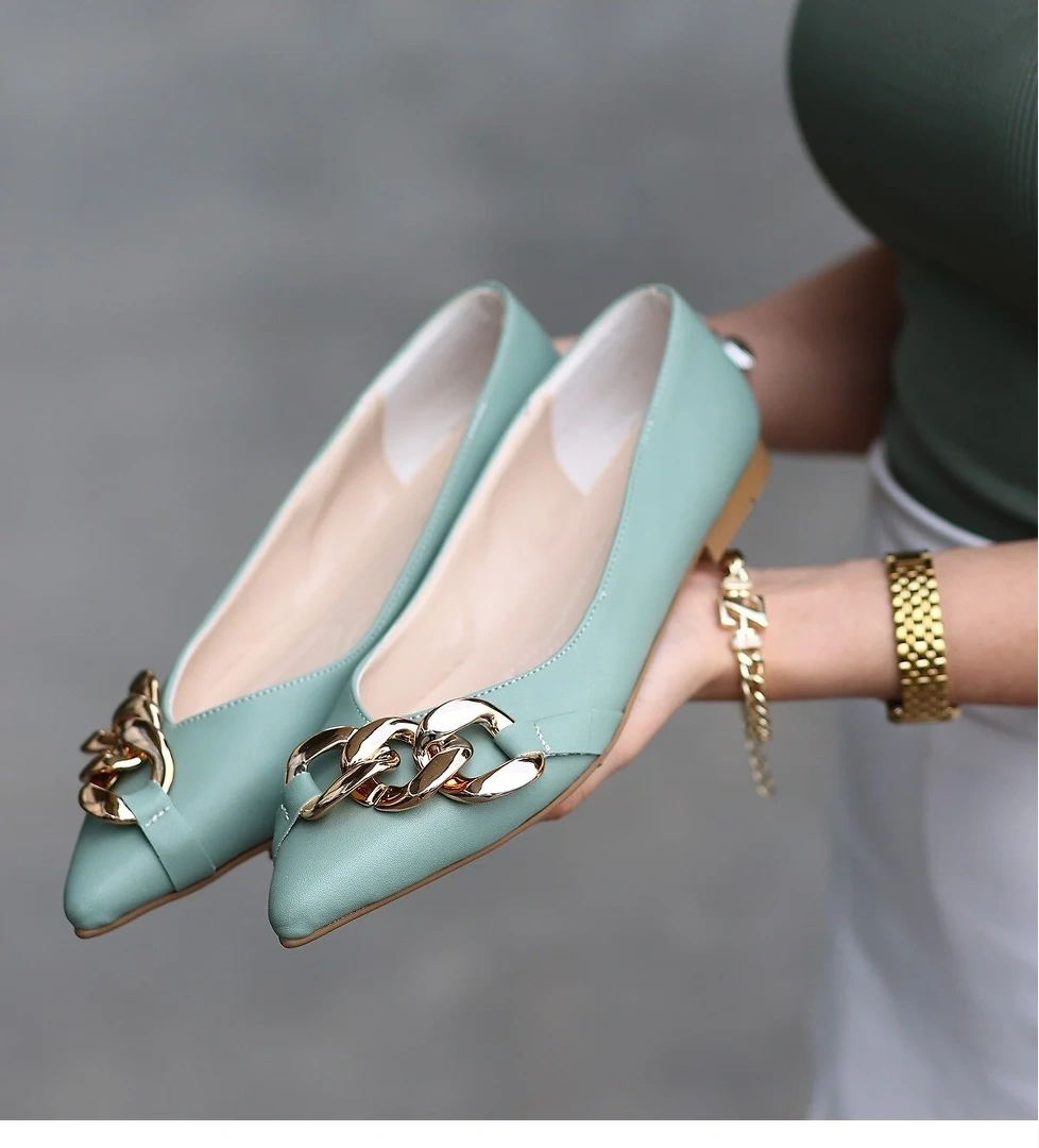 Kadın Mint Yeşil Suni Deri Zincirli Babet Ayakkabı