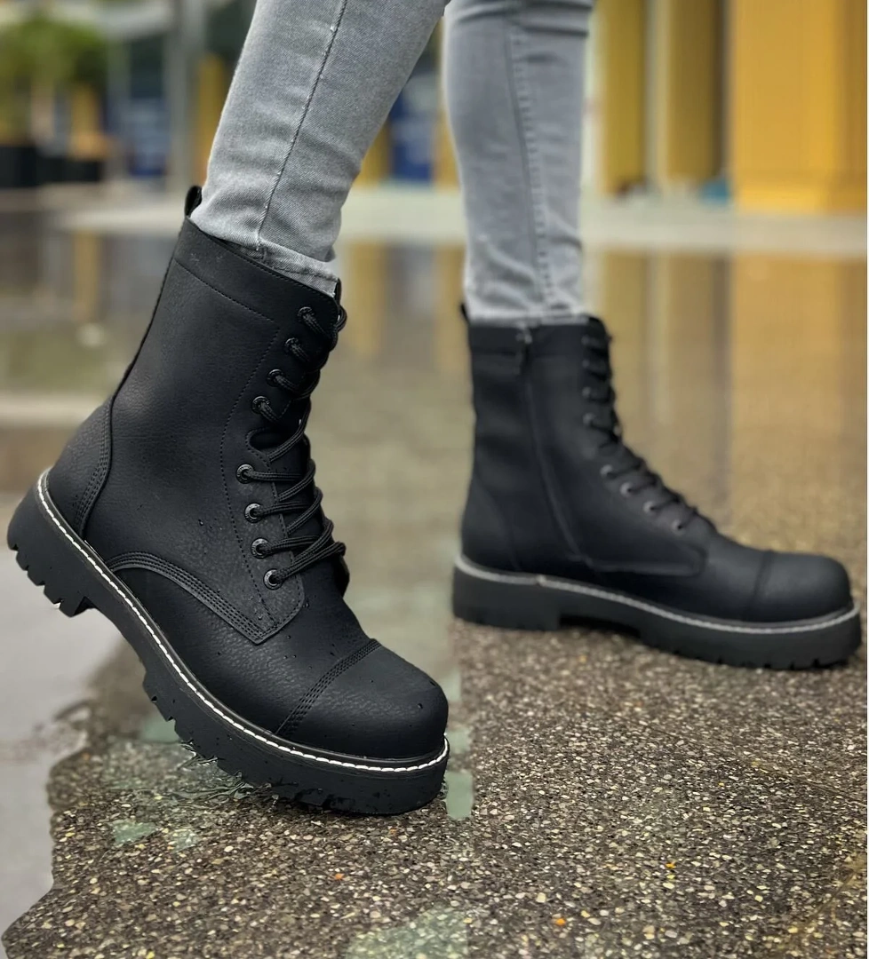 Fermuarlı Bağcık Detaylı Erkek Worker Bot Siyah