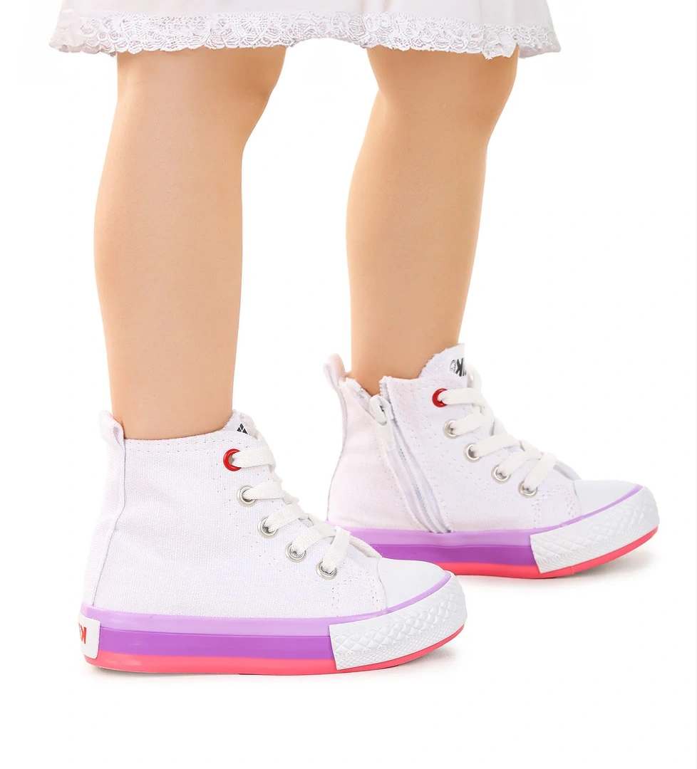 Tinna Bağcıklı Kız Bebek Boğazlı Keten Spor Ayakkabı Beyaz - Pembe