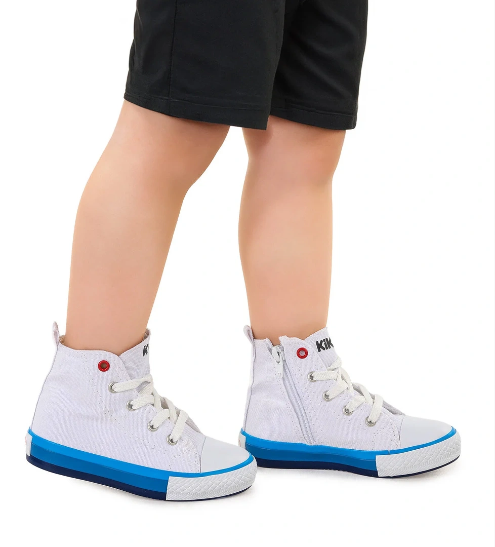 Tinna Bağcıklı Erkek Çocuk Boğazlı Keten Spor Ayakkabı Beyaz - Mavi