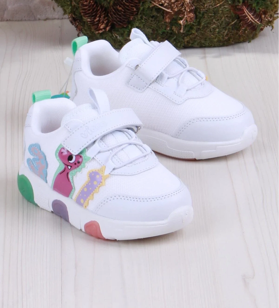 346.P25Y.160 Beyaz Yeşil Number Işıklı Kız Çocuk Ayakkabı - Görsel 1