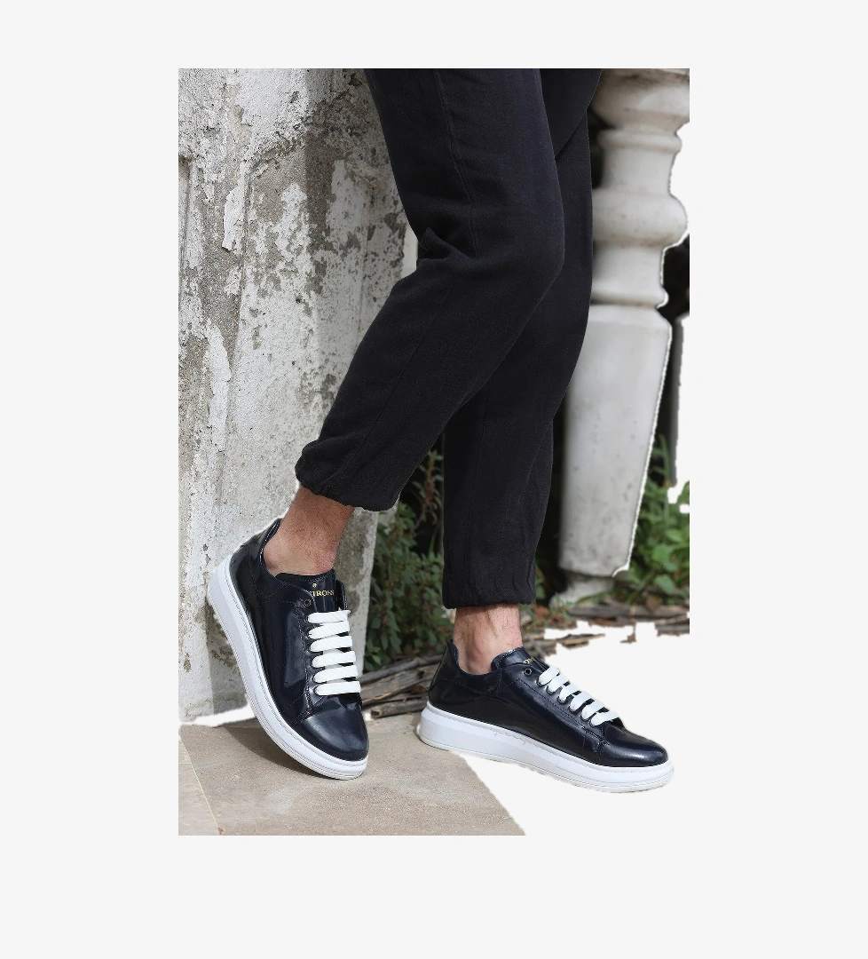 Valendo Lacivert Rugan Garantili Erkek Günlük Casual Bağcıklı Tabanlı Sneaker Spor Ayakkabı