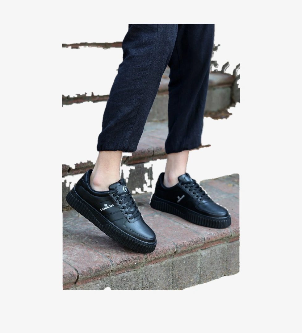 Zeno Siyah Siyah Garantili Dikişli Kalın Taban Bağcıklı Erkek Ortopedik Günlük Sneaker Spor Ayakkabı - Görsel 1