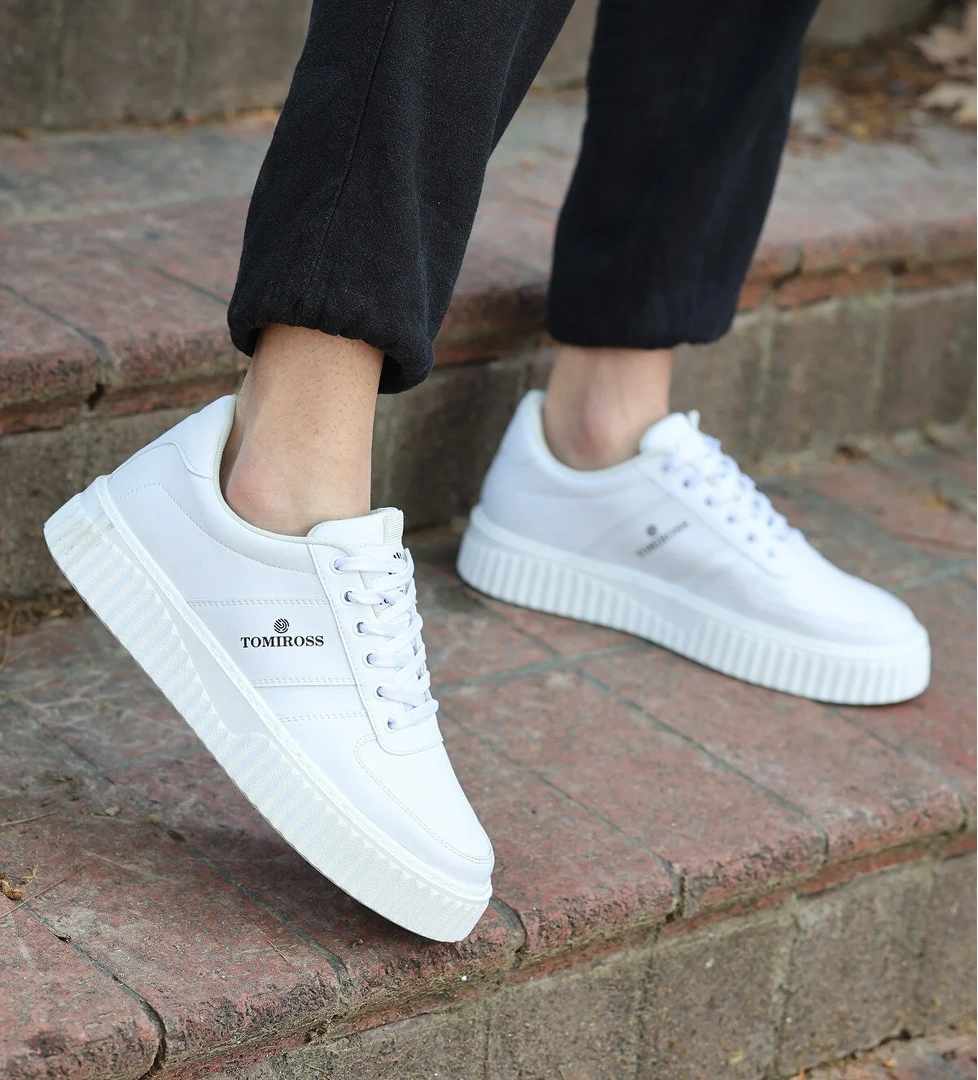 Zeno Beyaz Beyaz Garantili Dikişli Kalın Taban Bağcıklı Erkek Ortopedik Günlük Sneaker Spor Ayakkabı