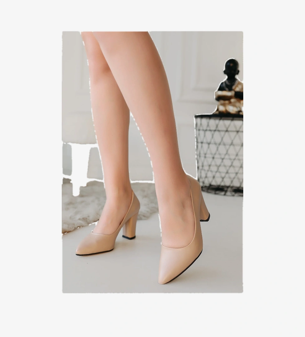 Nut Nude Suni Deri Topuklu Kadın Ayakkabı - Görsel 1