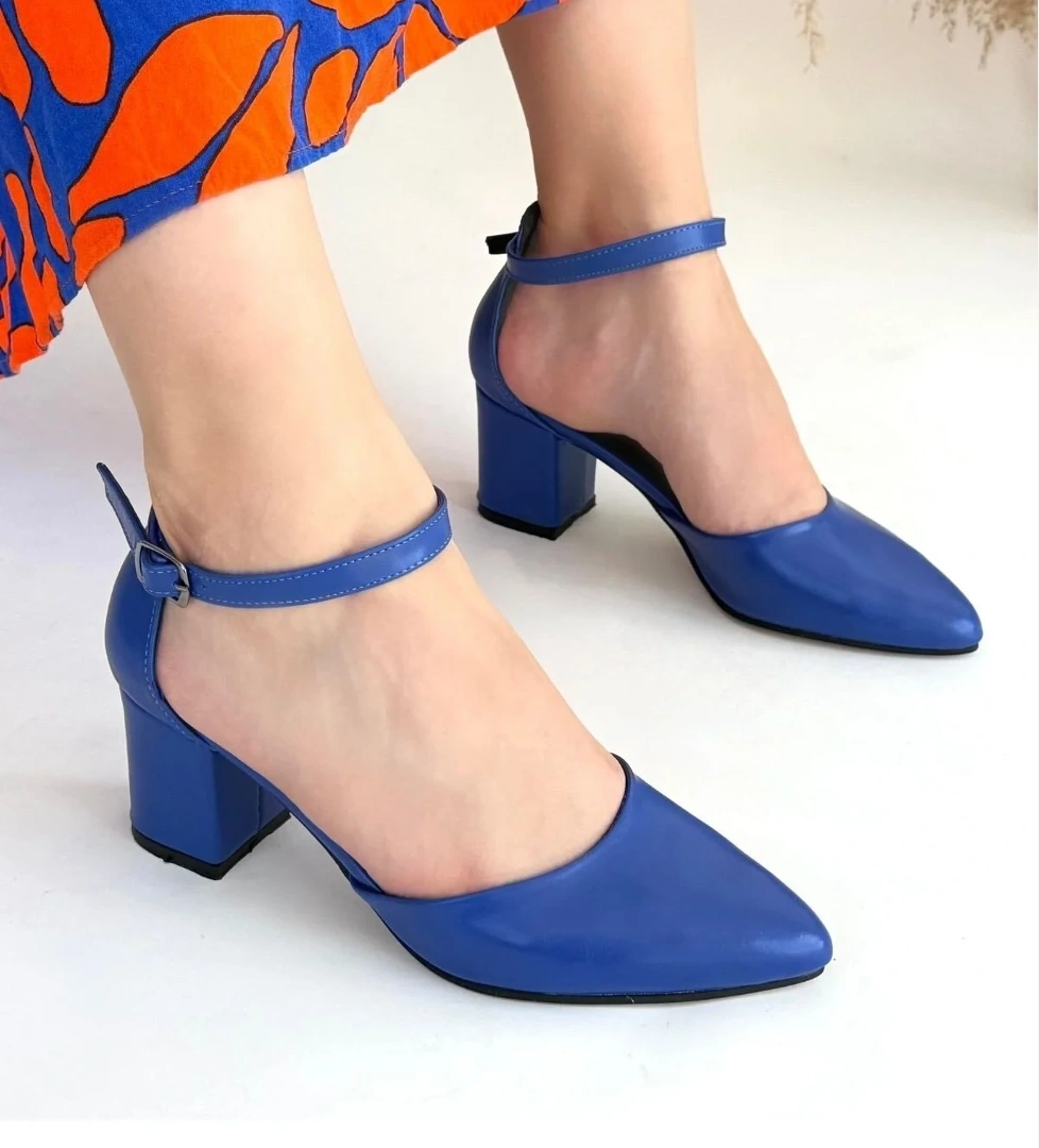 Mavi Suni Deri Topuklu Kadın Ayakkabı