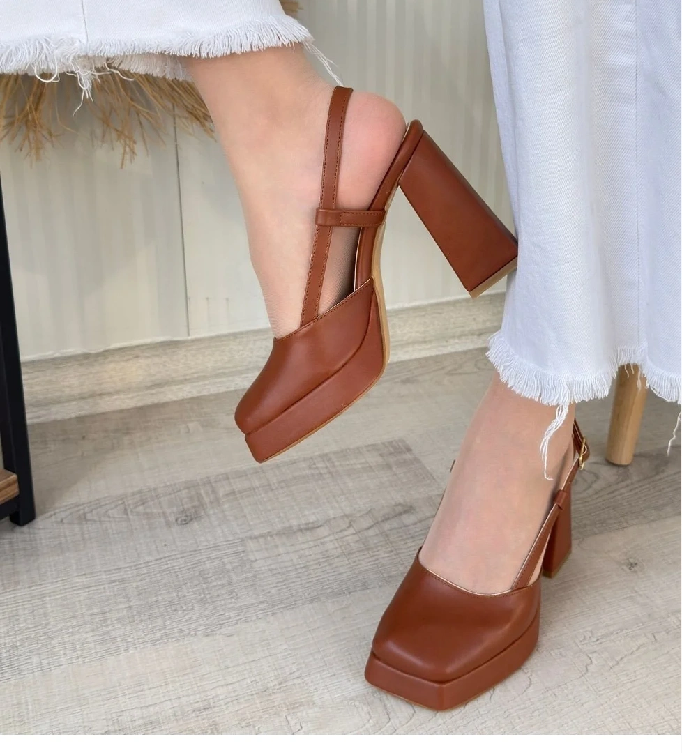 Pabucmarketi Taba Suni Deri Topuklu Kadın Ayakkabı model görseli