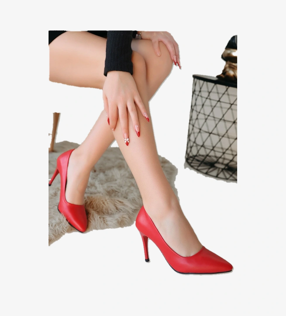Kırmızı Suni Deri Stiletto Kadın Ayakkabı - Görsel 1