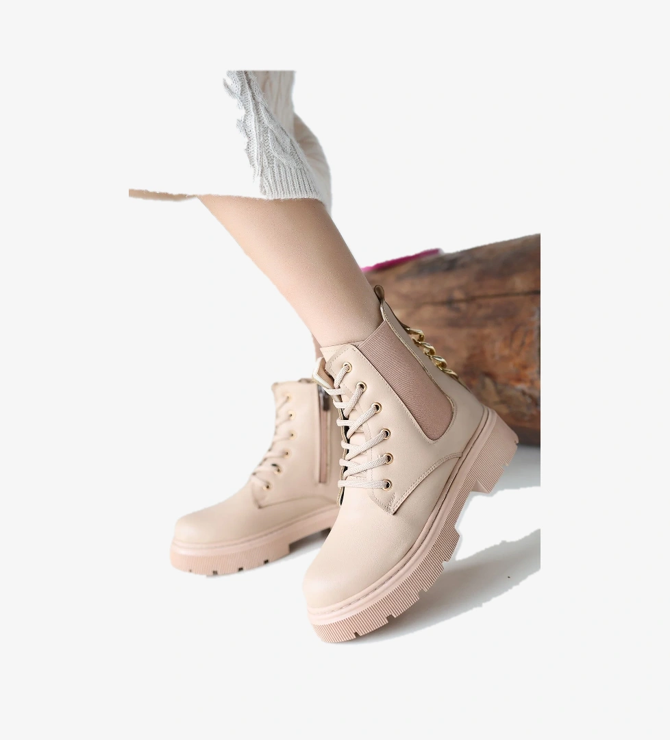 Pabucmarketi Siyah Nude Nut Suni Deri Bağcıklı Kadın Bot model görseli