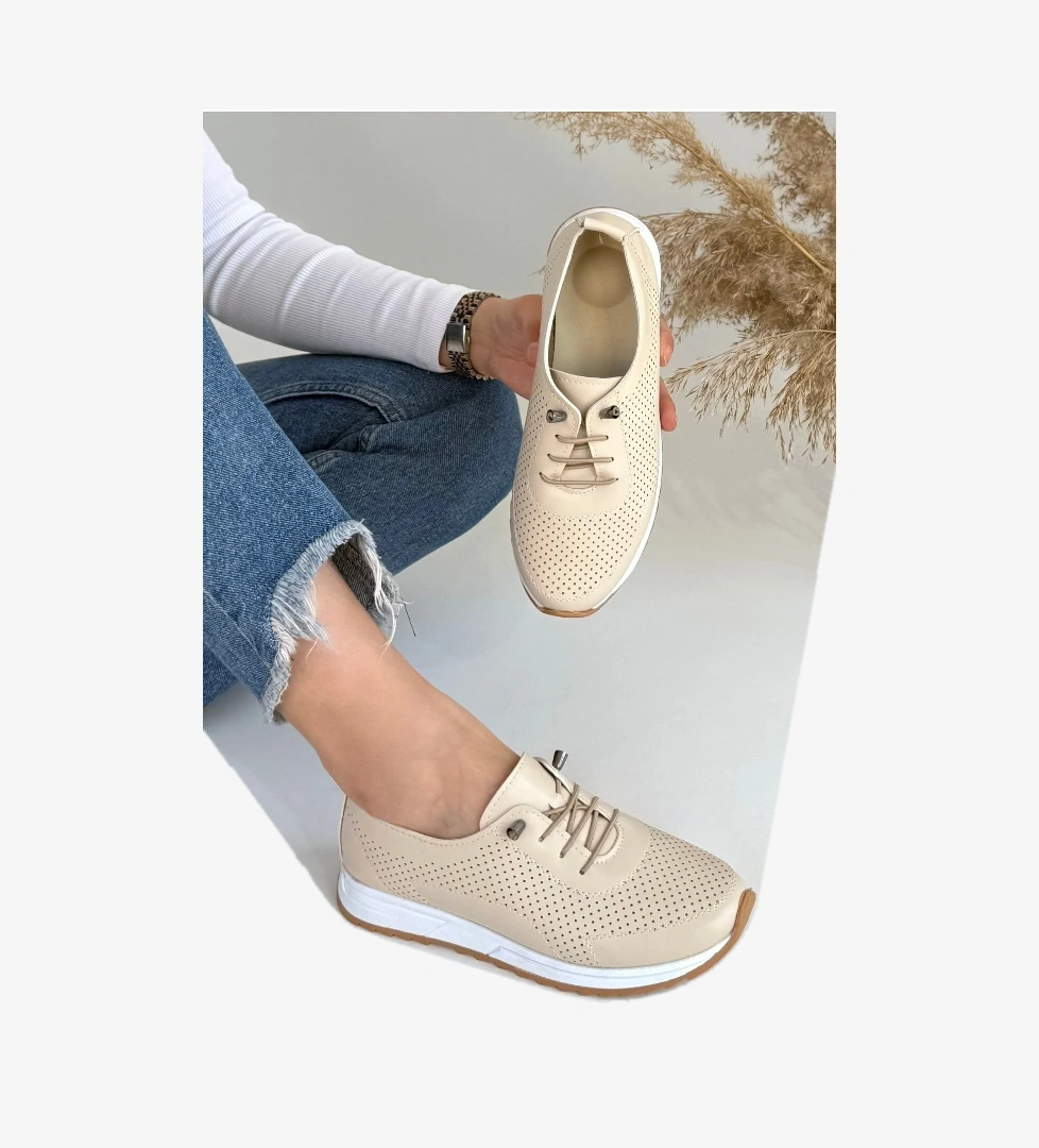 Bej Suni Deri Bağcıklı Kadın Spor Ayakkabı