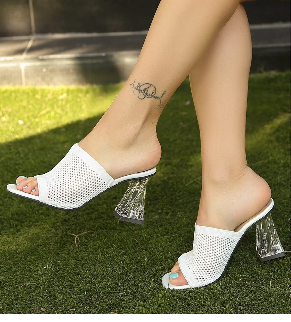 Pabucmarketi Kadın Triko Şeffaf Topuklu Terlik model görseli