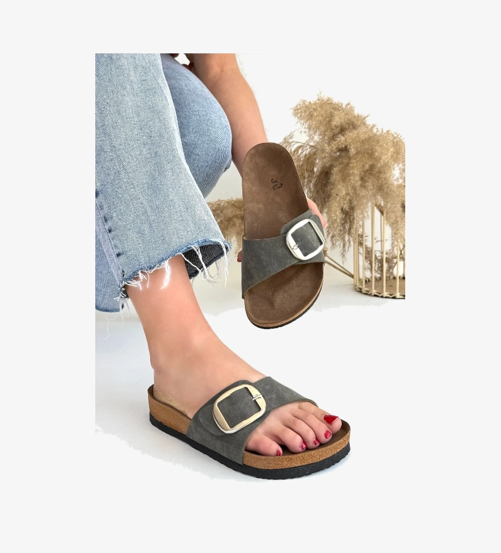 Yeşil Nubuk Kadın Düz Terlik